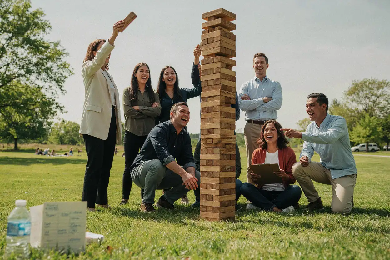 Giant Jenga creates spectacle; tabletop Jenga creates conversation Giant outdoor Jenga set at a corporate team building event
