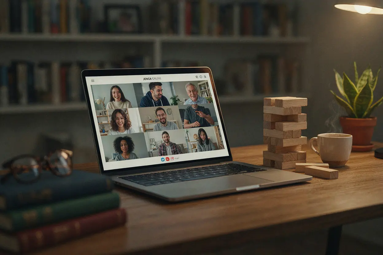 Adapting team building Jenga for remote teams Virtual Jenga team building on a laptop with video call
