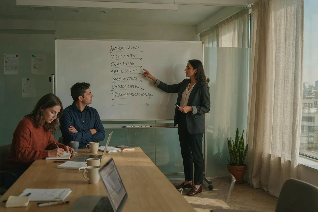 Manager explaining leadership styles on whiteboard