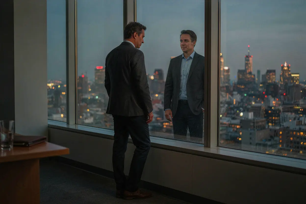 Manager reflecting on ego and self-awareness in office window