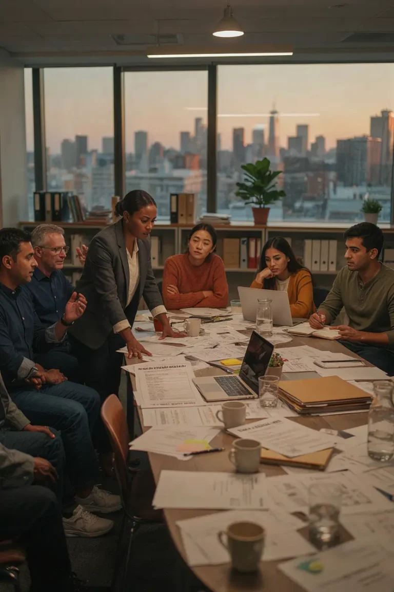 Team gathered around a table debating survival item rankings during a Lost at Sea exercise