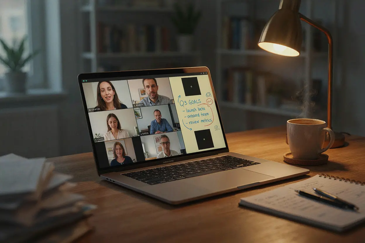 Remote team on a video call with some cameras off and anonymous digital whiteboard