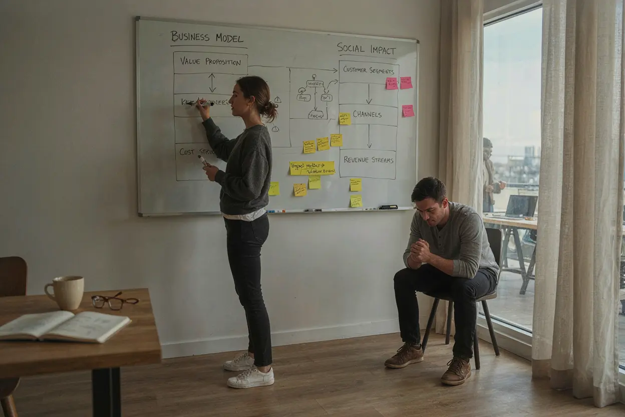 Five questions to evaluate a social enterprise idea Planning a social enterprise business model on a whiteboard