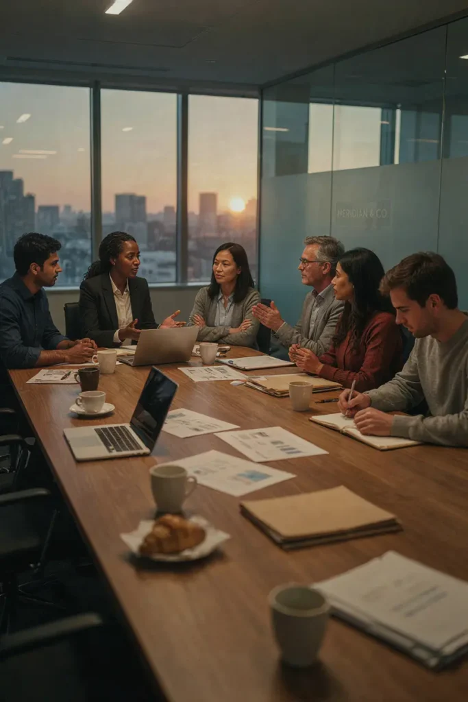 Corporate team in heated but productive discussion around a conference table