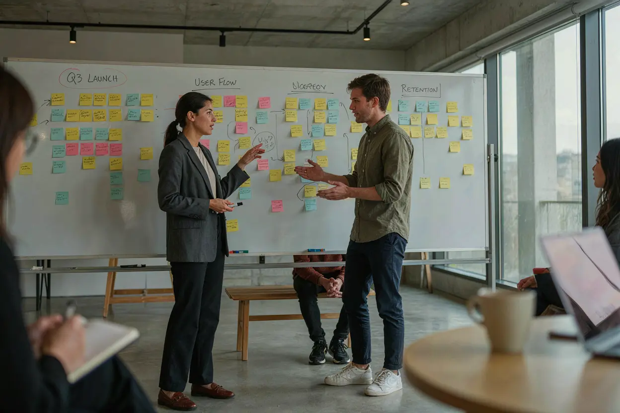 Team standing around a whiteboard covered in sticky notes during a storming discussion