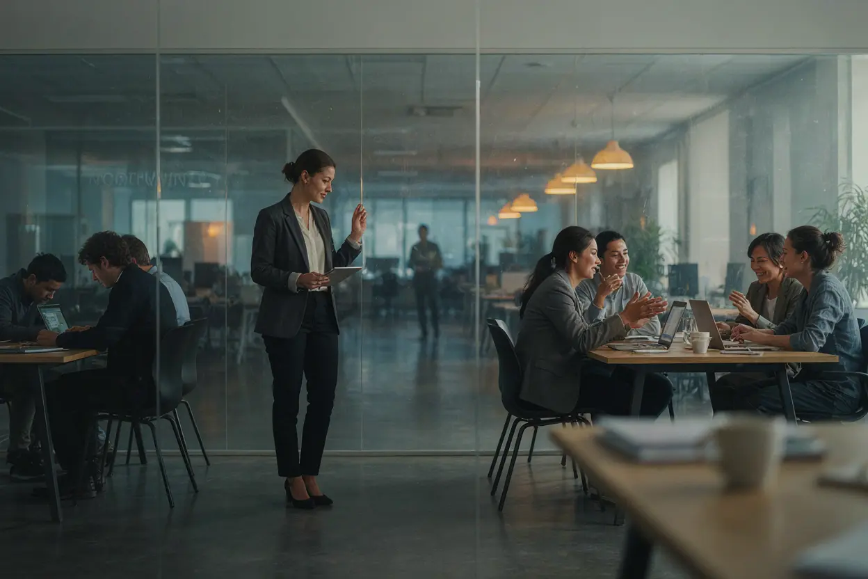 Manager observing two groups of employees, one productive and one disengaged
