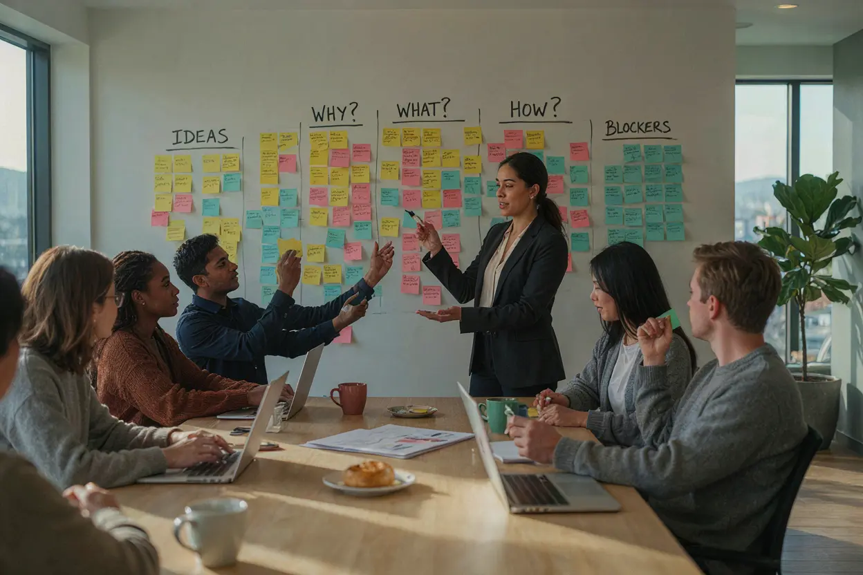 Facilitated workshop with team members writing sticky notes on a wall