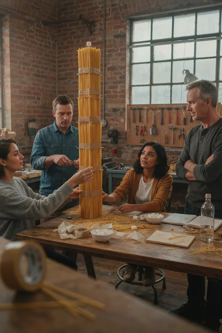 Team building spaghetti tower challenge with marshmallow on top
