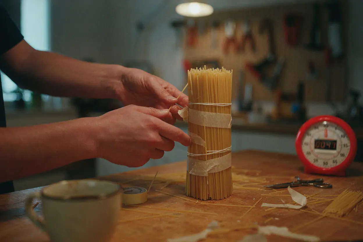 The build phase: 18 minutes to plan, build, and test Hands building a spaghetti tower during team building exercise