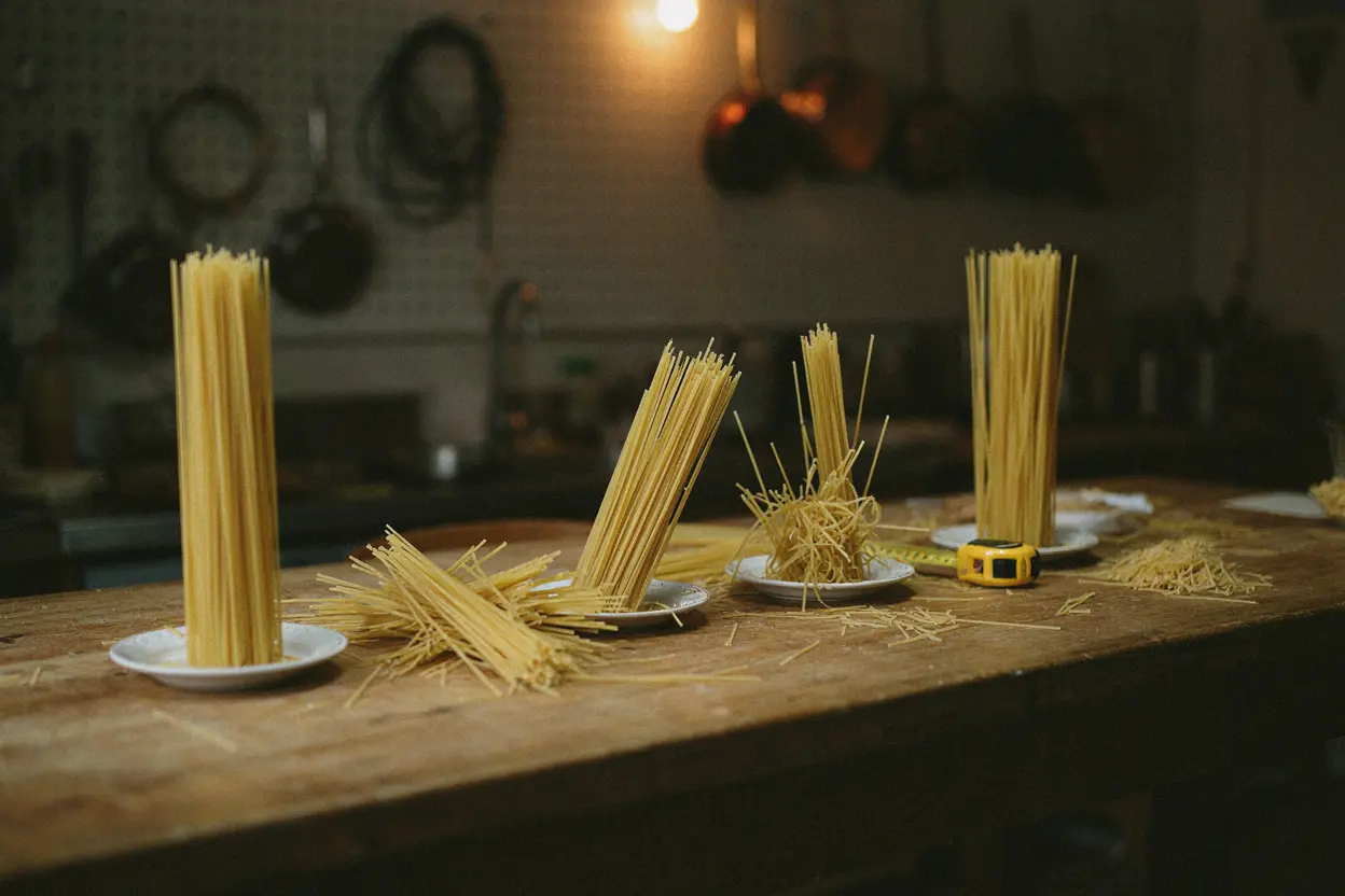 Comparing results: kindergarten children consistently outperform business school graduates Multiple spaghetti towers of different heights after the marshmallow challenge